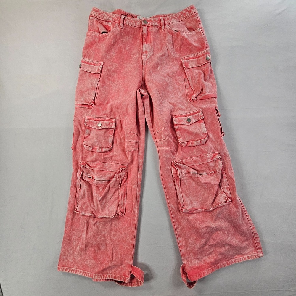 Fashion Nova Billie Low Slung Cargo Jeans 18 Pink Acid Wash Y2K Baggy Wide Leg
